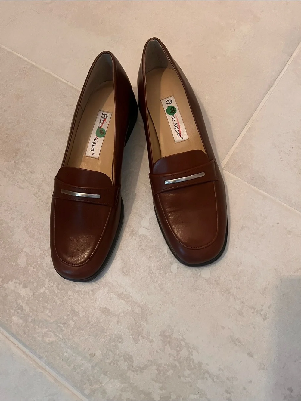 Etienne Aigner Brown Leather Penny Loafers with Silver Accent 8